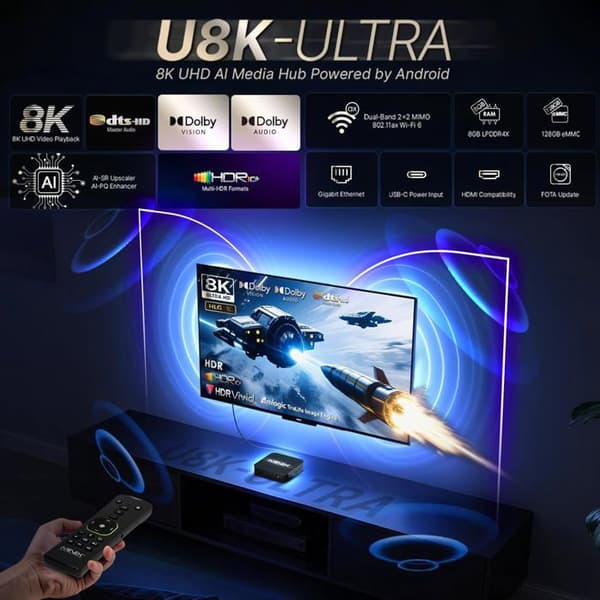 MINIX U8K Box Android 8K UHD 128Go eMMC 8Go RAM Wi‑Fi 6 Dolby Vision + fjärrkontroll A3 Pro
