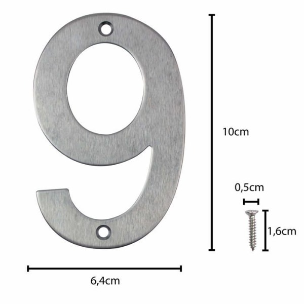 Iboo - 0 till 9 - Gatu-/husnummer i silver rostfritt stål - Att skruva - 100 mm - n9