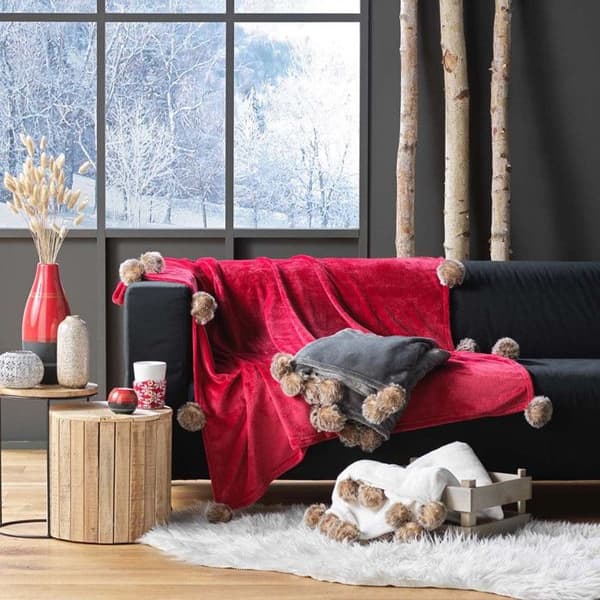 Rutig Flanell Pompons "Snöig" 125x150cm Grå Grå