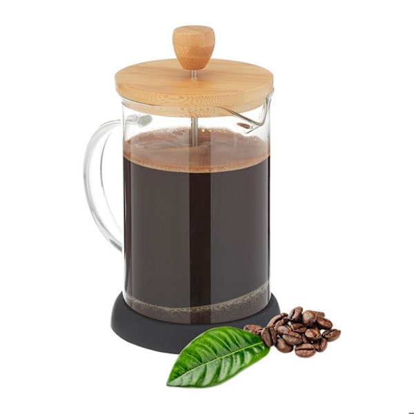 Relaxdays Kaffekanna, manuell kaffemaskin, sil, 800 ml, glassteekanna med bambulock, transparent / natur transparent, ljusbrun, silverfärgad