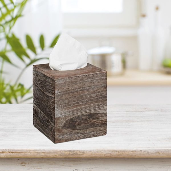 Relaxdays Square Tissue Box, Badrums Tissue Dispenser, Träkub, Shabby, HLP 16,5x14x14 cm, Brun Brun