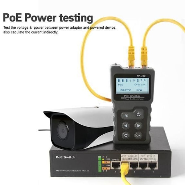RJ45 RJ11 Network Tester: Kartläggning av sladdar, testar PoE (närvaro, intensitet, spänning, effekt), testar förbrukning