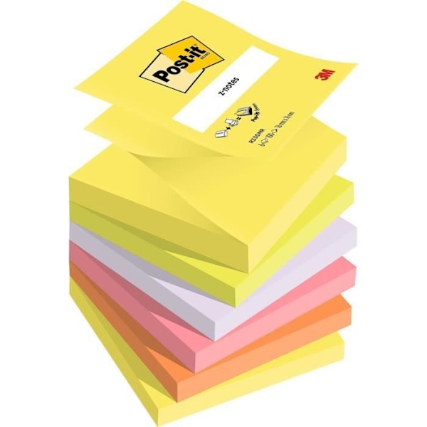 Självhäftande anteckningsblock - POST-IT - Z-Notes - 76 x 76 mm - 6 färger - 100 ark fluorescerande gul, fluorescerande 