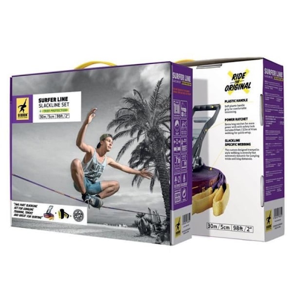 Slackline Surferline Gibbon - 25m - Dynamiskt band - Robust spakspärr Lila