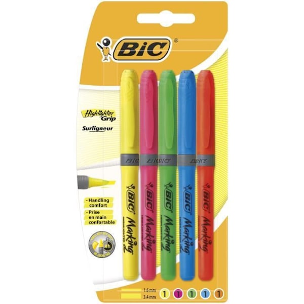 BIC Highlighter Grip Chisel Tip Highlighters - blandade färger, blisterpack om 5 Gul, blå, grön, orange, rosa