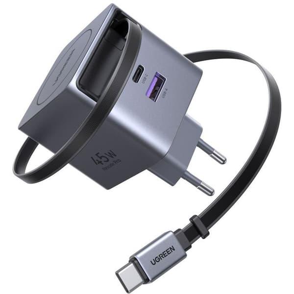 Nätadapter - UGREEN - 65W - USB-A och USB-C - Retractable Grå