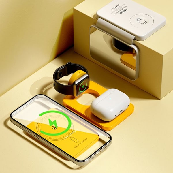 WEKOME WP-U172 - Trådlös 3-i-1 laddare med MagSafe för iPhone, Apple Watch och AirPods + Spegel (Gul)