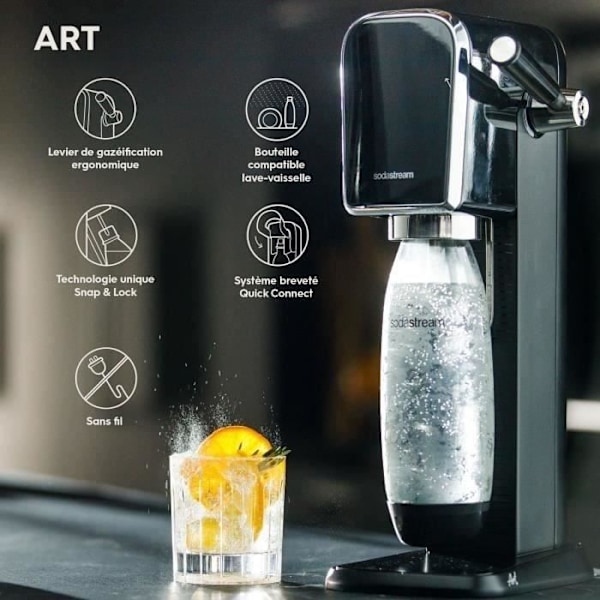 SODASTREAM Art - Black Sparkling Water Machine - Pack 1 1L Diskmaskinskompatibel flaska + 1 60L Clip-on Gas Refill Svart