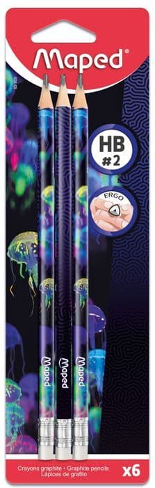 Maped - 6 Grafitpennor HB2 DEEPSEA PARADISE - Gummitopp - Blyertspennor med ergonomisk triangulär form