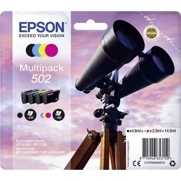 Epson 502, Epson, Svart, Cyan, Magenta, Gul, WorkForce WF-2860DWF, WF-2865DWF Expression Home XP-5100, XP-5105, Standard Yield