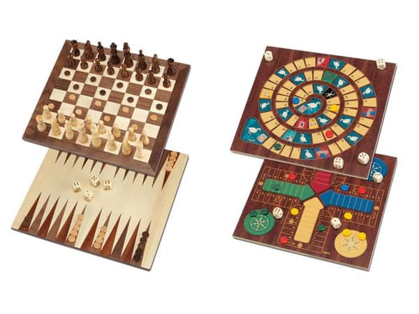 Trälåda - CAYRO - 5 spel - Gåsspel, Småhästar, Schack, Dam och Backgammon brun