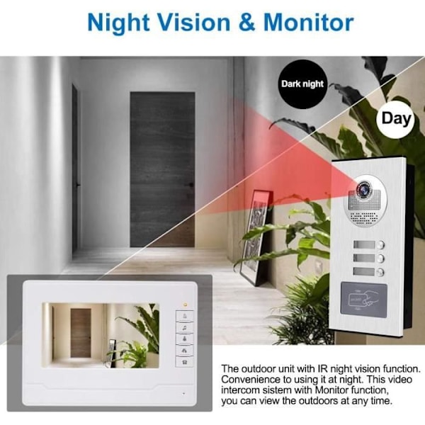 KDL Video Intercom RFID 7 Tum Systeem för Dörrtelefon 3 Monitorer med 1 Kamera med Infraröd Nattvision