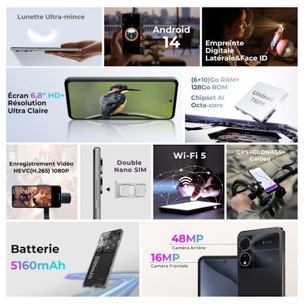 Smartphone HOTWAV Note 12(2024)-Present till Mors-/Farsdag-6,8" 48MP Kamera-6+128Go-5160mAh 4G Mobiltelefon - Svart Svart