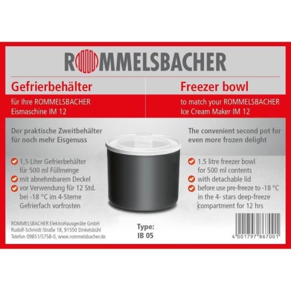Rommelsbacher Â frys i 12Â Kurt glassmaskin / praktisk zweit för behållare med avtagbart lock / 1,5 L / Svart - IB 05