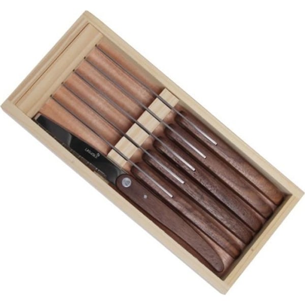 Laguiole L'Eclair Steak Knife Set, 6 st, tandad kant, valnöt, trälåda