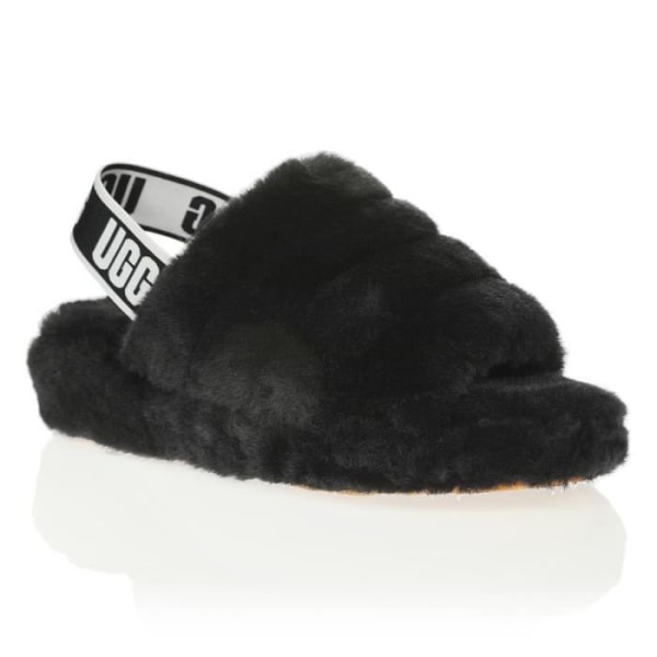 UGG Fluff Yeah Slide Sandaler i svart läder för kvinnor - Lätt plattform och plysch fårskinnsband Svart 37