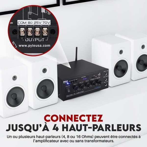 Pyle - Kompakt Ljudförstärkare 40 W Bluetooth - AUX-ingång, 2 Mikrofoningångar