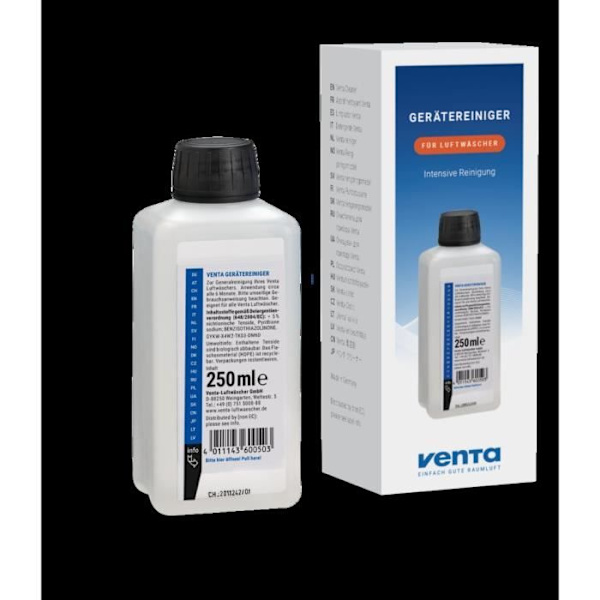 Flytande rengöringstillsats för att underhålla VENTA Original, Comfort Plus, Aerostyle och Professional lufttvättar (250 ml).