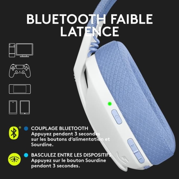 Logitech -G435 LIGHTSPEED trådlöst spelheadset - VIT - Lätt Bluetooth med inbyggd mikrofon för PC, PS4, PS5, Switch, Mobil