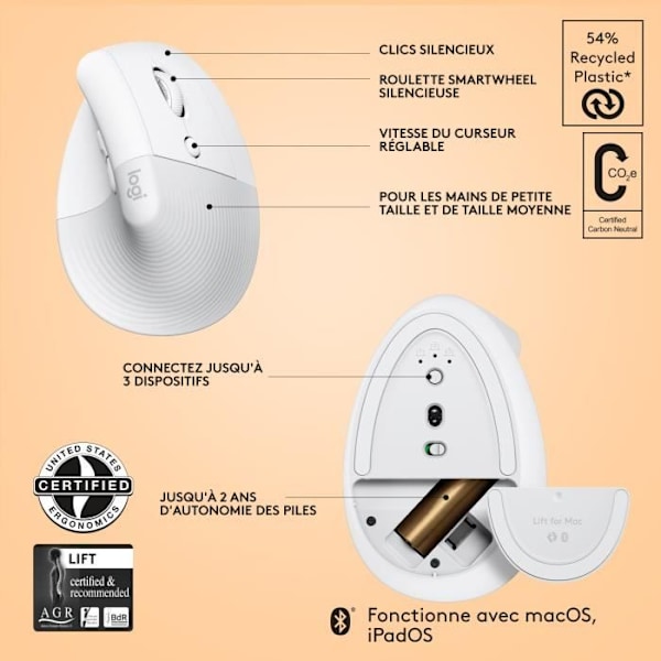 Logitech Lift Mouse för Mac trådlös vertikal ergonomisk mus, Bluetooth