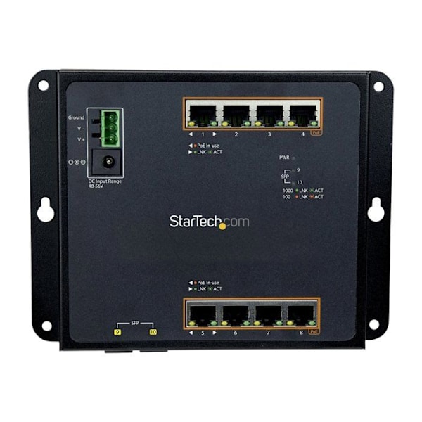 STARTECH 8-portars PoE+ och 2-portars SFP Managed Gigabit Ethernet-switch - väggmonterad industriell nätverksswitch Svart