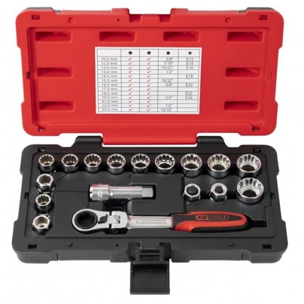 Genomgående hylsa - KS TOOLS - TRIPLEplus - 17 delar - 3/8'' och 1/2'' - 10 till 24mm