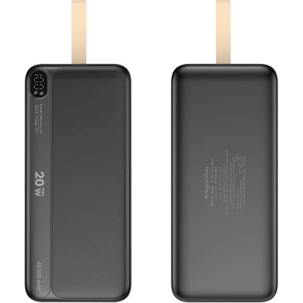 Batteri Extern - KrugerMatz - KM0908 - 40000 mAh - Snabbladdning 3.0 - USB Type-C, micro USB Svart