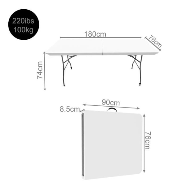 Bärbart hopfällbart bord, robust plastbord, 180 x 76 x 74 cm, Vit, hopfällbart på mitten, Material: HDPE