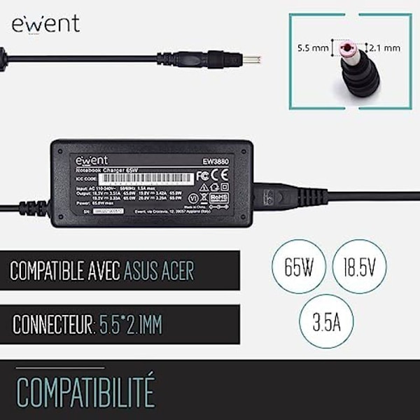 Strömförsörjning för bärbar dator - EWENT - EW3887 - 65W - 18.5V - Kompatibel med ASUS, Acer