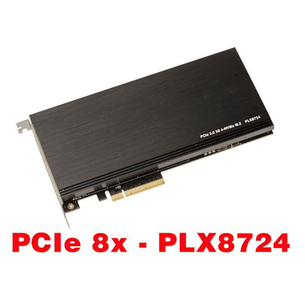 M2 PCIe 3.0 x8-kontrollkort för 4 M.2 NVMe M Key SSD:er. PLX8724 Chipset - 64GB Max bandbredd 12000MB/s
