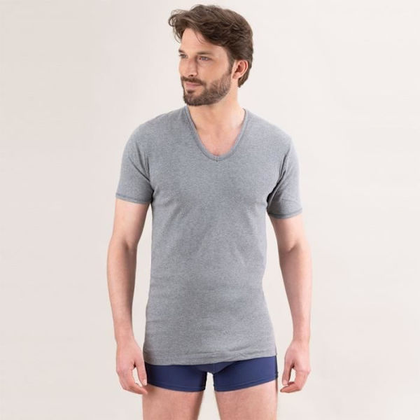 Grå T-shirt, V-ringad, i ren … - M