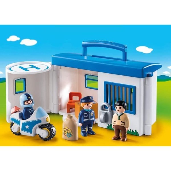 Transportabel polisstation - PLAYMOBIL 1.2.3 - Med kontor, helikopterplatta och polismotorcykel