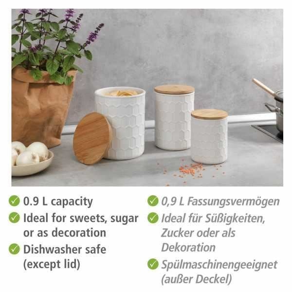 Maya förvaringsbox 900ml, högkvalitativ vit keramik med vävstruktur, tål diskmaskin, lock i