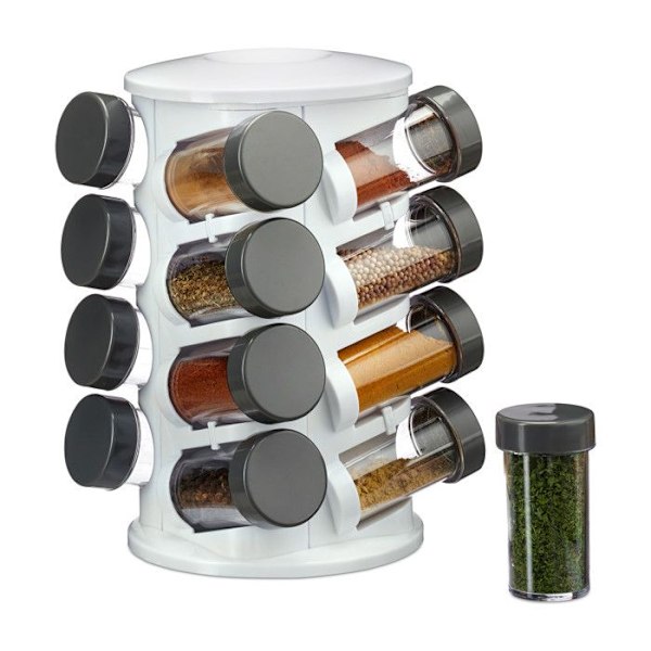 Relaxdays kryddkarusell 16 akrylglasburkar, örtkryddskärm i plast, roterbar, vit vit, transparent, svart
