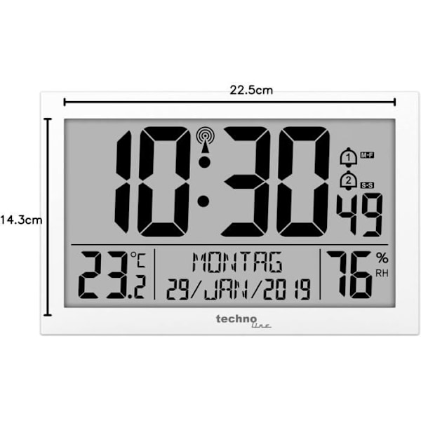 Väggklocka - Technoline - WS 8016 - Radiostyrd - Temperaturvisning - 2 larm Vit