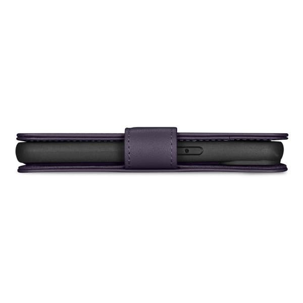 Mörklila 2-i-1 plånboksfodral i läder för iPhone 14 Plus, med RFID-skydd.