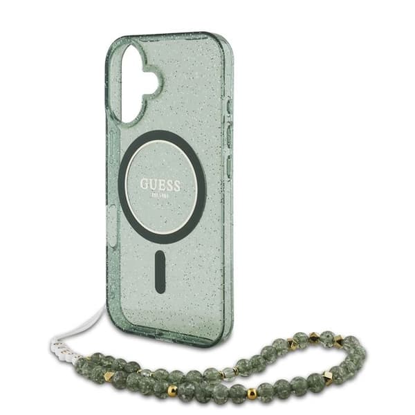 Coque Guess IML Glitter MagSafe med pärlrem för iPhone 16 Plus - Grön Grön