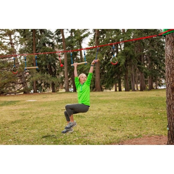 Slackers - Ninja Line Lärande Set | 11 meter bana med 7 hängande tillbehör - Rem som kan användas som Slackline Flerfärgad