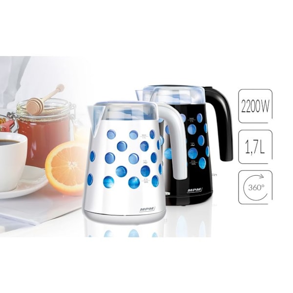 Bakgrundsbelyst vattenkokare. 1,7 L, sladdlöst, anti-kalkfilter MPM MCZ-86 2200W Vit vit svart