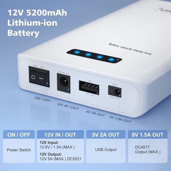 Batteripack - NASTIMA - 5200mAh - 12V/9V DC & 5V USB - Litiumjon - Laddare ingår
