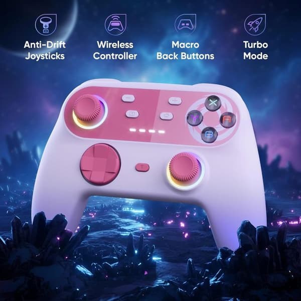 Spelkontroll - ONIVERSE - Walli - Trådlös Bluetooth - Hall Effect joysticks - Kompatibel med Switch & PC Rosa (Godisrosa)