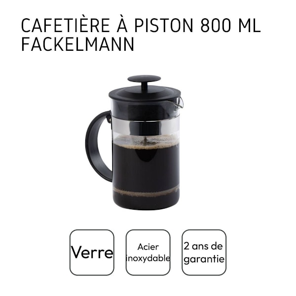 FACKELMANN fransk presskaffebryggare - 800 ml - Rostfritt stål och glas - Tål diskmaskin Rostfritt stål, Transparent, Svart