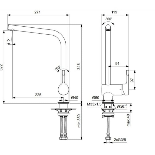 Ideal Standard - CERALOOK engrepps diskbänksblandare med vridbar pip krom - BC174AA Ideal standard Grå Grå