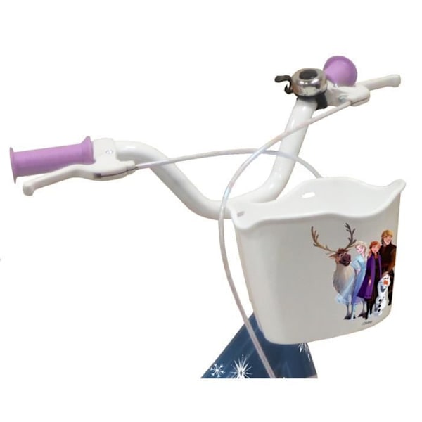 16'' flickcykel Reine des Neiges / Frozen utrustad med 2 bromsar + Dockhållare - Främre korg - Stabilisatorer. Blå och vit