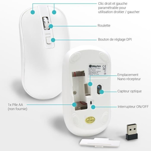 Trådlös Optisk Mus - WAYTEX - 65421 - 1600 DPI - Räckvidd 10 m - Symmetrisk Design