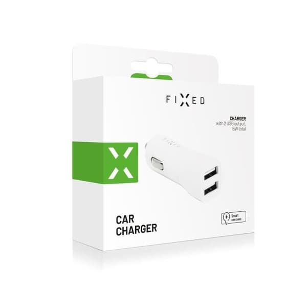 Bilauflader - FIXED - 2xUSB Adapter - 15W Smart Rapid Charge - Vit - Praktisk Vit