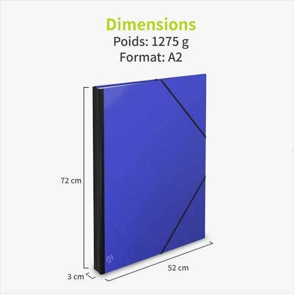 ACROPAQ Teckningskartong A2, B2, A3, A4 - 52 x 72 cm - 2 Elastiska stängningar - Förlängningsbart bakstycke - Förstärkt kartong - Ekologisk FSC - Blå Blå