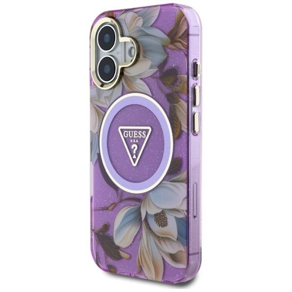 Coque Guess Glitter Flowers Triangle Buttons MagSafe för iPhone 16 (lila) lila