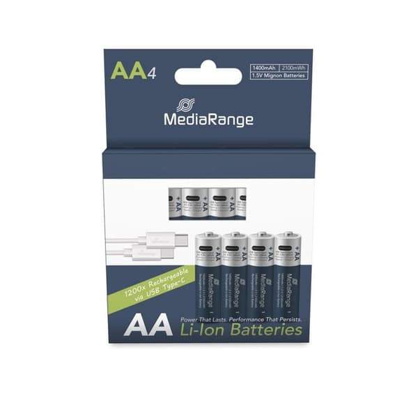 USB-C Laddningsbara Batterier - MediaRange - AA - 1,5V - 1400mAh - 4-pack blå