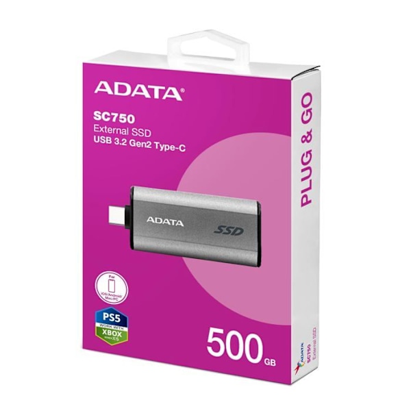 Adata extern ssd-hårddisk - SC750-500G-CCBK - Extern SSD SC750 500GB Plug-Go Silver 1050/1000 ()